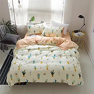 FenDie Potted Plants Bedding Queen Set 3 Piece Cactus Printed Duvet Cover Set Cotton,Pale Yellow for Teens Girls