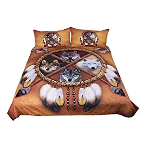 Sleepwish Wolf Dream Catcher Bedding Sets 3D Animal Printed Duvet Cover Set Tribal Wolf Bed Cover (Queen,82"x82" 3pcs, 4 Wolves Dreamcatcher)