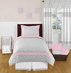 Sweet Jojo Designs 4-Piece Pink and Gray Chevron Childrens and Kids Bedding Girls Twin Set