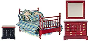 Melody Jane Dollhouse Mahogany Double Bedroom Furniture Set with Country Check Bedding