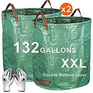 Gardzen 2-Pack 132 Gallons Gardening Bag with Double Bottom Layer - Extra Large Reuseable Heavy Duty Gardening Bags, Lawn Pool Garden Leaf Waste Bag, Comes with Gloves