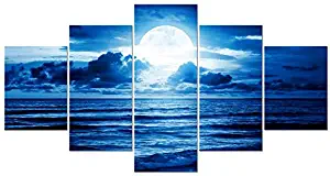 Pyradecor Blue Clouds Modern 5 Panels Moon Sea Beach Canvas Wall Art Large Gallery Wrapped Landscape Giclee Canvas Prints Pictures Artwork Paintings for Living Room Bedroom Home Decorations L