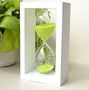 EDEALYN Fashion Home Decor,Office, School and Decorative Use Wood Frame 45 Minute Hourglass Glass Sand Timer Sand Clock Timer for Kitchen (White Frame Green Sand)