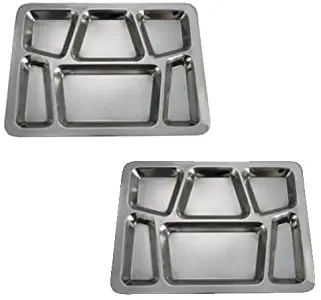 SET OF 2 - 6 Compartment Cafeteria Food Tray, Cafeteria Eating Mess Tray - Stainless Steel