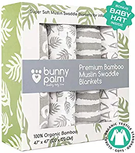 Muslin Swaddle Blankets, Unisex Organic Bamboo for Baby Set of 4 Swaddles for Boys and Girls, Soft Swaddling Receiving Sleep Blankets, Grey Unisex Infant Toddler Gender Neutral Baby Hat …