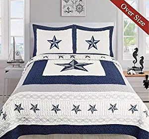Dallas Cowboys Western Star Design Quilt Bedspread Comforter Navy Blue - 3 Piece Set (Oversized Queen)