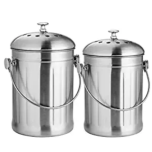 Stainless Steel Compost Bin Set 1.3 Gallon & 0.8 Gallon with 4 Charcoal Filters and Carrying Handle for Kitchen Food Waste, Easy Clean Compost Bucket for Kitchen Countertop, 2 Pack