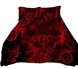 YSJ 3 PCS Duvet Cover Set with Zipper Closure,Ties-Black Red Skull Pattern Printed-Full Size Bedding Set Comforter Protector Pillowcases (Full)