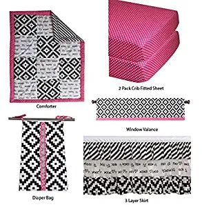 Bacati - Love Crib Bedding Set 100 Percent Cotton Percale Fabrics, Black/Fuschia Girls (6 pc Patchwork Comforter, 3 Layer Frills Crib Skir)