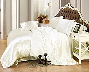 Opulence Bedding Luxurious Ultra Soft Silky Satin 7-Piece Bed Sheet Set with Duvet Set Twin XL, Ivory