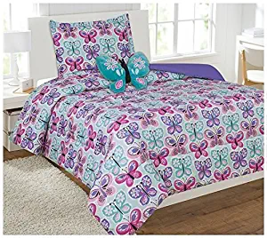 Elegant Home Butterflies Floral Multicolor Blue White Pink Design 5 Piece Comforter Bedding Set for Girls/Kids Bed in a Bag with Sheet Set & Decorative Toy Pillow # Butterfly Blue 2 (Twin Size)