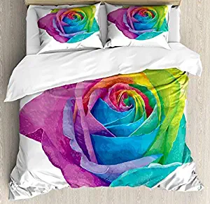 Full Size Vintage Rainbow 4 Piece Bedding Set Duvet Cover Set, Romantic Blooming Rose with Colorful Petals Love Flower Valentine's Day, Comforter Cover Bedspread Pillow Cases with Zipper Closure