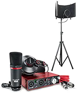 Focusrite Scarlett 2i2 USB Audio Recording Interface Studio Pack 2nd Gen Complete Recording Packages with Headphones, Microphone, Recording Software and Microphone Isolation Shield With Stand