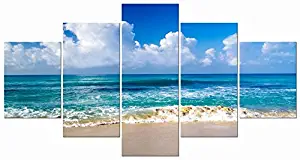 Pyradecor Seaside Large Modern Framed Seascape 5 Panels Giclee Canvas Prints Landscape Pictures Paintings on Canvas Wall Art Ready to Hang for Living Room Bedroom Home Decorations L