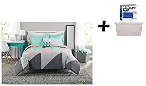 Mainstay` Fun and Bold Gray and Teal Bed in a Bag Modern Comforter Set, Geometric Triangle Print with Teal Blue Gray and Pink Coral, Great for Dorms and Kid's Rooms! (King)