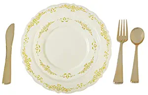 Plastic China Plate Silverware Combo Serving for 20 (115 piece set) IVORY/GOLD