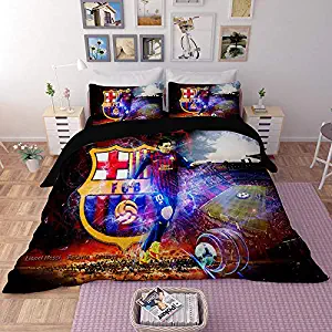 NOOS 3D Barcelona Duvet Cover Full Size, Football Club Pattern Kids Bedding Set, Football Fans Comforter Cover, Super Soft Microfiber Bed Set 3PC,1Duvet Cover, 2Pillowcases