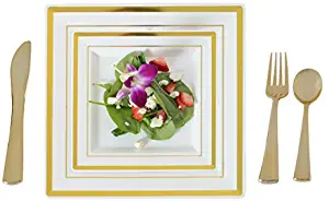 ADORN HOME ESSENTIALS - PLASTIC CHINA PLATE CUTLERY COMBO SET | WHITE WITH GOLD RIM SQUARE PLATE DESIGN | 10'' SQUARE DINNER PLATES, 7.25'' SALAD PLATES, 25 FORKS, 25 SPOONS, 25 KNIVES