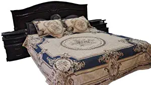 Tache 3 Pc Woven Victorian Chenille Blue Medallion Garden Guardian Floral Quilt Bedspread Set, Twin