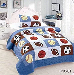 Golden Linens Twin Size Kids Bedspread Quilts for Teens Boys Printed Bedding Coverlet Sport American Football Basketball Baseball Multi color Light blue, Orange Light Brown #Twin 16-01