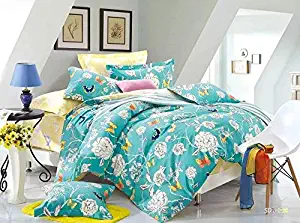 Tache Floral Colorful Aqua Duvet Cover - Butterfly Wonderland - Luxurious Cotton Reversible with Zipper and Security Ties/Ribbons - 3 Piece Set - Queen