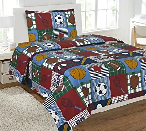 Elegant Home Multicolor Patchwork Blue Green Red White Brown Sports Basketball Football Baseball Soccer 3 Piece Printed Twin Sheet Set with Pillowcase Flat Fitted Sheet for Boys / Kids/ Teens # Rugby