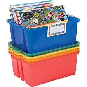 Really Good Stuff Stackable Plastic Book and Organizer Bins for Classroom or Home Use – Universal Label Holder - Sturdy Plastic Baskets in Fun Primary Colors for Convenient Storage and More (Set of 5)