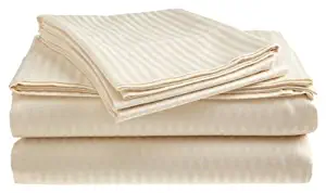 Deluxe Hotel 4-Piece Bed Sheet Set - Dobby Stripe - 100% Cotton Sateen - 300 Thread Count - Queen - Beige