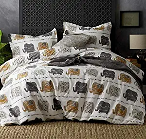YEPINS Lightweight Microfiber Duvet Cover Set with Zipper Closure, Stripe Pattern Reversible Design, Black and Multi-Color Elephant, King Size (104X90 Inch)-3 Piece (1 Duvet Cover and 2 Pillow Shams)