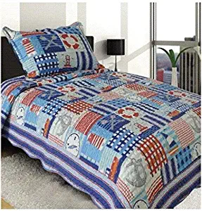 Elegant Home Multicolor Patchwork Blue White Red Nautical Coastal Ships Lighthouse Sailor Anchor Nature Themed Style 2 Piece Coverlet Bedspread Quilt for Kids Teens Boys Twin Size # 93