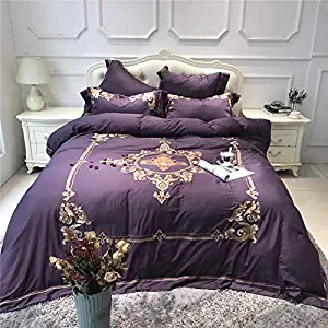 Softta Embroidery Bedding Set European Luxury Style 4 pcs 1 Duvet Cover + 1 Flat Sheet + 2 Pillowcases 100% Egyptian Cotton Purple Queen Size