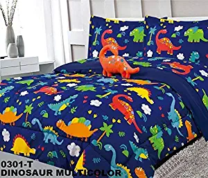 8 Piece Full Size Kids Boys Teens Comforter Set Bed in Bag with Shams, Sheet Set and Decorative Toy Pillow, Dinosaur Print Blue Green Boys Kids Comforter Bedding Set w/Sheets