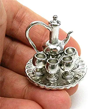 EatingBiting（R） 1:12 Dollhouse Miniature Tableware Metal Wine Coffee Tea Cup Pot Tray 6Pcs Set Metal Tea Coffee Set with Tray Vintage Style Tableware Accessories