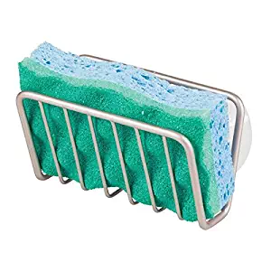 mDesign Metal Farmhouse Kitchen Sink Storage Organizer Caddy - Small Holder for Sponges, Soaps, Scrubbers - Quick Drying Open Wire Basket Design with Strong Suction Cups - Satin