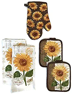 Postcard Sunflower Designer Kitchen Linen Bundle Oven Mitt (1) Towels (2) Pot Holders (2)
