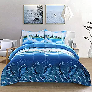 3 Piece Comfy 3D Print Sea Dolphin Goose Down Alternative Comforter Microfiber Wrinkle,Fade Resistant Egyptian Cotton Quality Ultra Soft All Year Round Bedding Set Queen