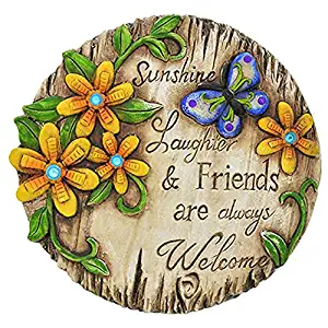 Spring Cement Stepping Stones with Inspirational Sayings and Sparkly Gemstones, 6" Inch (one Stone) Sunshine Laughter and Friends are Always Welcome.