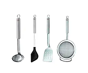 Rösle Kitchen Utensils Set: Round Handle Turning Slice Perforated 13-Inch, Round Handle Strainer Coarse Mesh 14.6-Inch, Cooking Spoon Classical 12-Inch, Round Handle Ladle 13.3-Inch