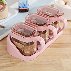 Glass Transparent Spice Jar Seasoning Box Set Kitchen Container Tools Condiment Jars Cruet with Cover and Spoon Kitchen Utensils Supplies Salt Cellar with Lid (Pink, 3)(with base)