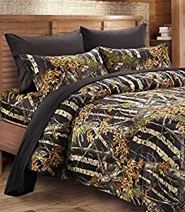 6 Piece King Sheet Set Reversible Black Woodland Camo / Solid Color Design