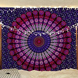 Bless International Indian Hippie Bohemian Psychedelic Peacock Mandala Wall Hanging Bedding Tapestry (Purple Pink, Queen(84x90Inches)(215x230Cms))