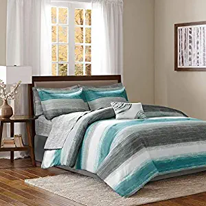 Aqua Blue Grey Watercolor Cottage Beach House Coastal Queen Comforter Set (9 Piece Bed in A Bag)