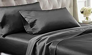 Bedify Bedding 100% Pure Silk Satin Sheet Set 7pcs, Silk Fitted Sheet 15'' Deep Pocket,Silk Flat Sheet,Silk Duvet Cover & Pillowcases Set !!! Cal-King, Dark Grey