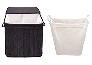 Adorn Home Essentials Rectangle Black Adorn Home Laundry Hamper with Attached Hinged Lid |Single and Double Cloth Handle on Basket and Liner | Collapsible Bamboo