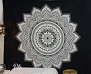 Popular Handicrafts Kp728 Black and White Lotus mandalaTapestry Wall Hanging Hippie Bohemian Tapestries Wall Art Magical Thinking Tapestry 84x90 Inches,(215x230cms)