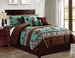 Linen Mart Western Pattern Turquoise Rustic Brown Star Comforter Set - 7 Piece Set (Queen)