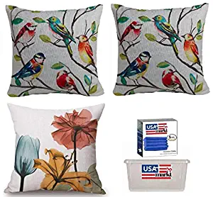 Mainstay- Birdie Multicolored Decorative Throw Pillow Cover 18 x 18 Inches with Five Pieces Microfiber Cloths, One Case Flowers Pillow Cases 18" & Clear Storage - Set of 2 (18 x 18, Multicolored)