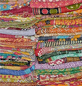 Marudhara Fashion Wholesale Lot 5 PCs Indian Tribal Kantha Quilt Vintage Handmade Blanket Patch Kantha Throw Hippie Bohemian Old Saree Made Kantha Rally Twin By