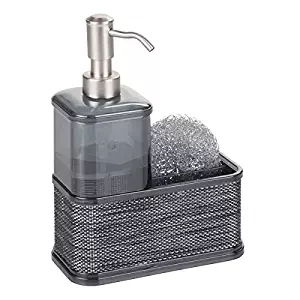 mDesign Decorative Plastic Kitchen Sink Countertop Liquid Hand Soap Dispenser Pump Bottle Caddy with Storage Compartment - Holds and Stores Sponges, Scrubbers and Brushes - Smoke Gray/Black