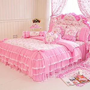 MeMoreCool Home Textile Elegant Design Pastoral Style Floral Lace Princess Bedding Set Girly Ruffle Duvet Cover Fashion Exquisite Falbala Bed Skirt Full Size 4Pcs